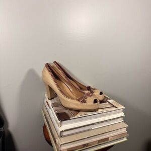 AEROSOLES Size 9 Tan and Brown Polka Dots Peep-Toe Heels